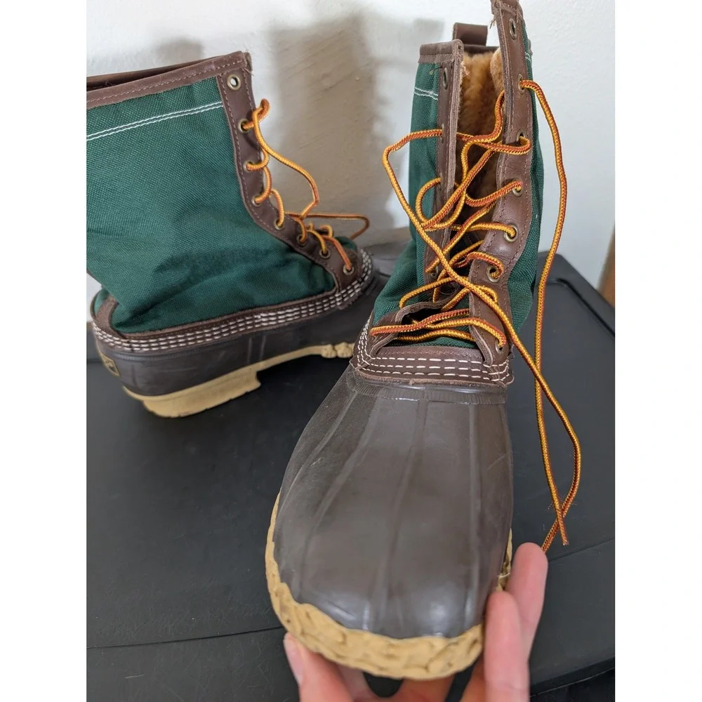 LL Bean Men's 13 Shearling Lined Duck Boots Green Canvas Brown Leather USA